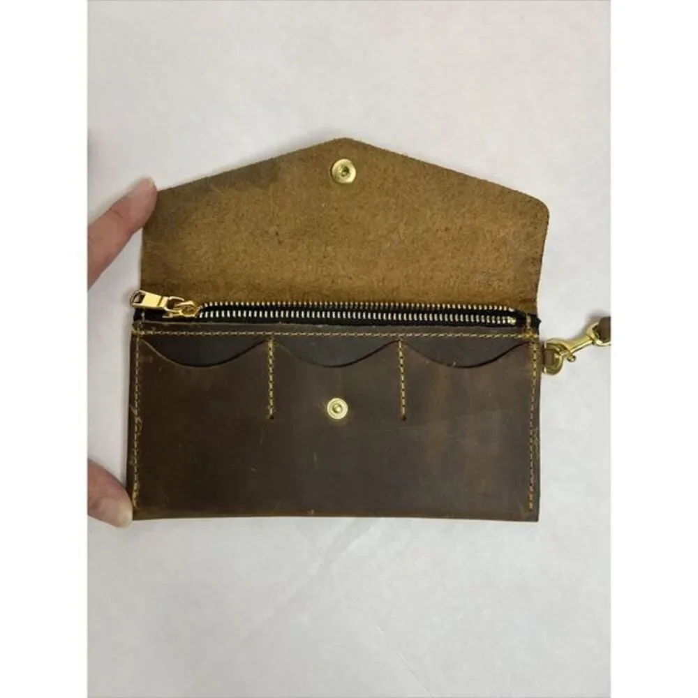 San Tan Leather Brown Wristlet Wallet Brown Gold Zipper‎ & Hardware - Unbranded